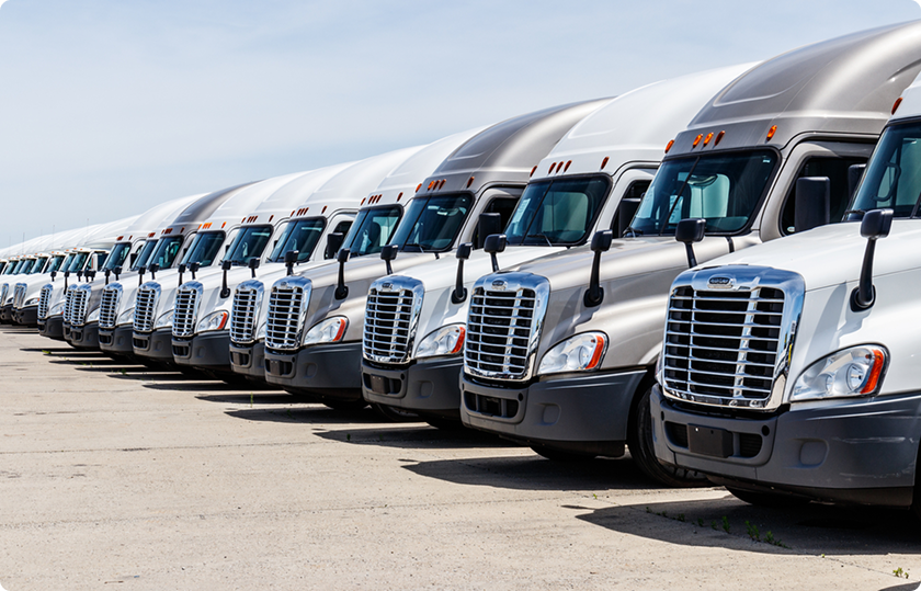 Company-owned semi-truck fleet parked in a row, demonstrating fleet size and operational reliability